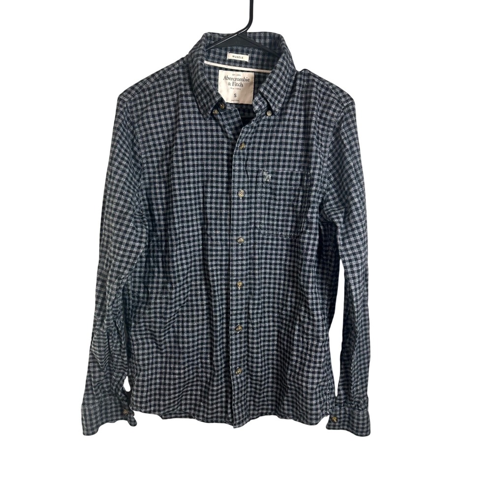 Abercrombie & Fitch Mens Muscle Fit Flannel Shirt Small Black Gray Gingham Check